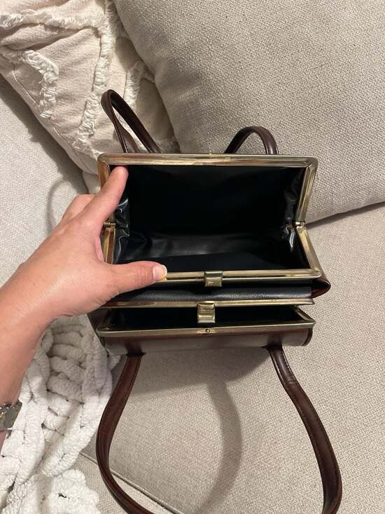 Vintage 1950s Ackery Brown Leather Triple Compartment Frame Handbag - Picture 8 of 9